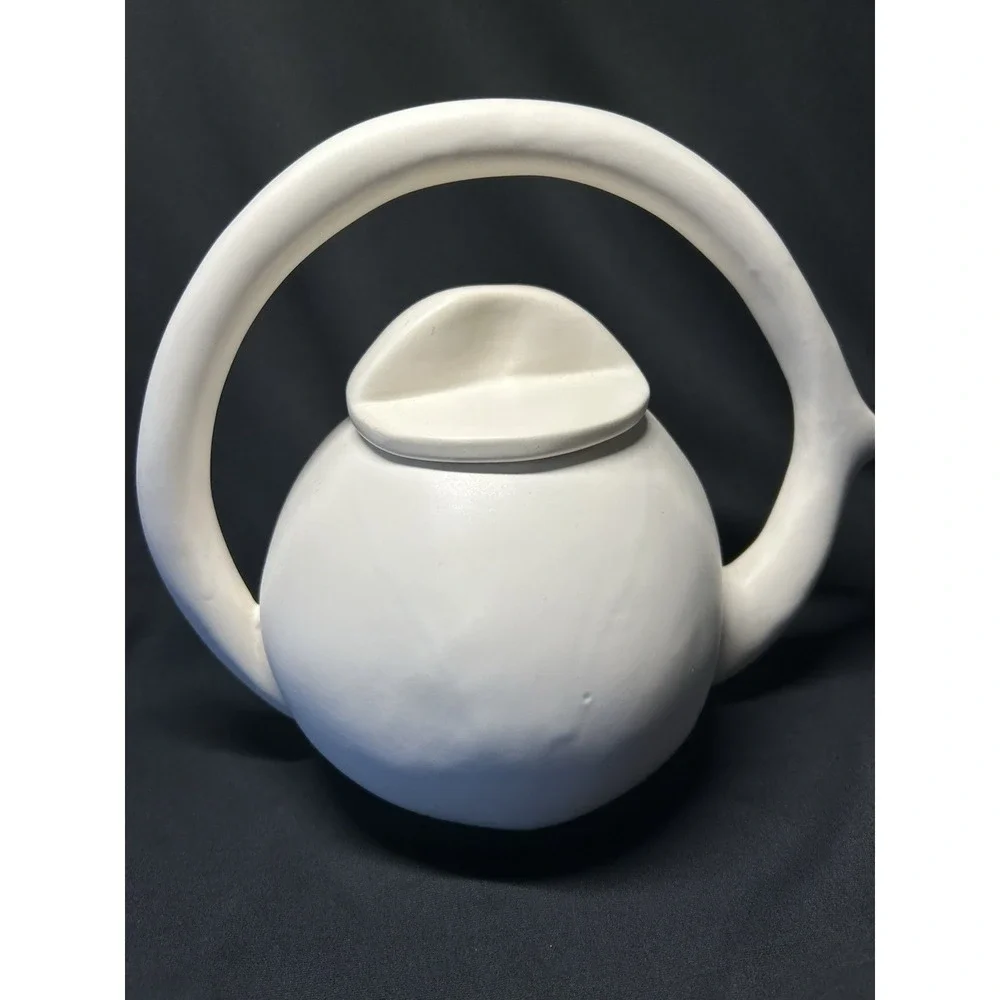 Modern Handcrafted Teapot With Arch Handle Sleek Matte White Finish Signed CG1